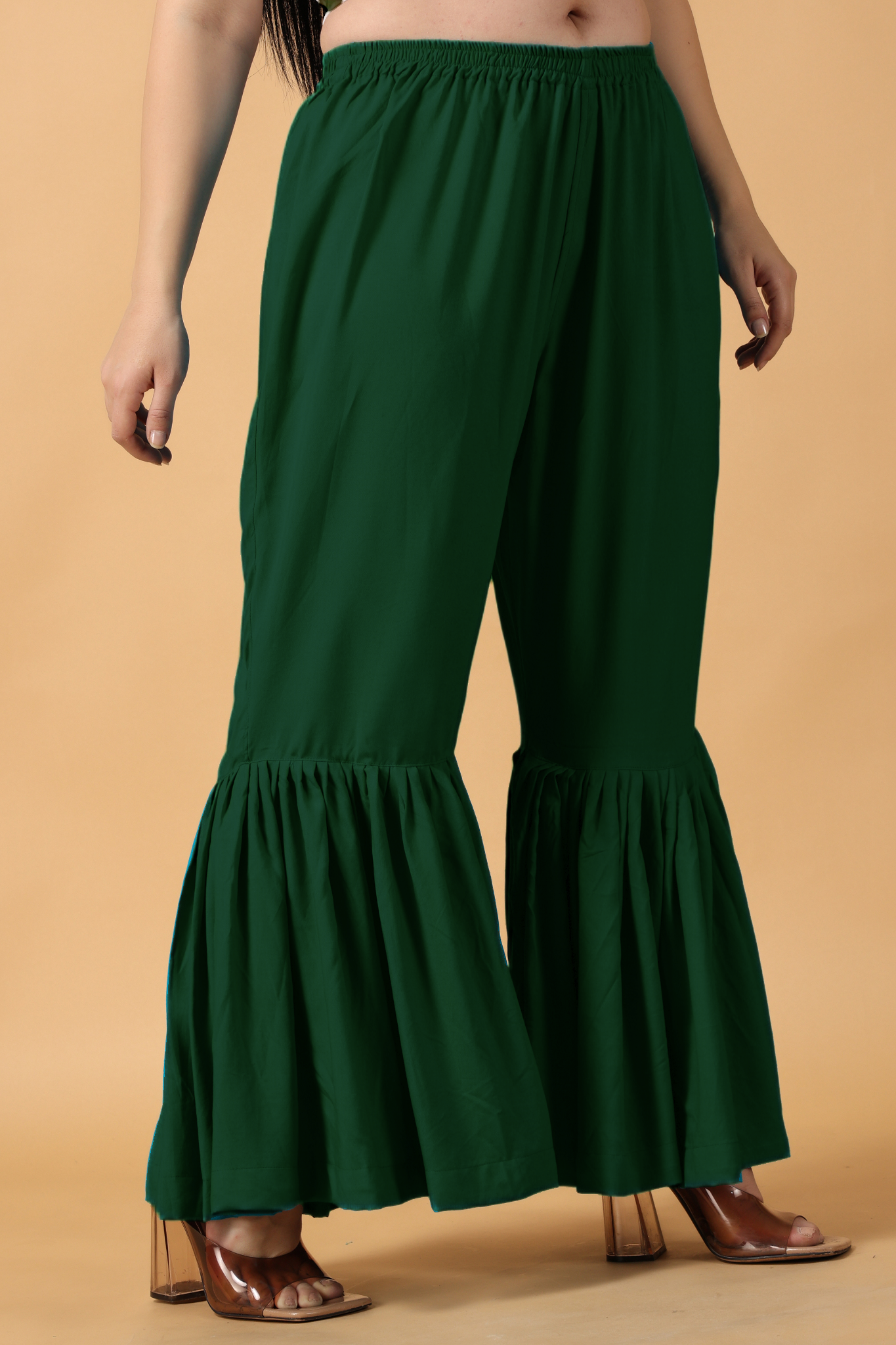 Bottle Green Ruffled Rayon Palazzo