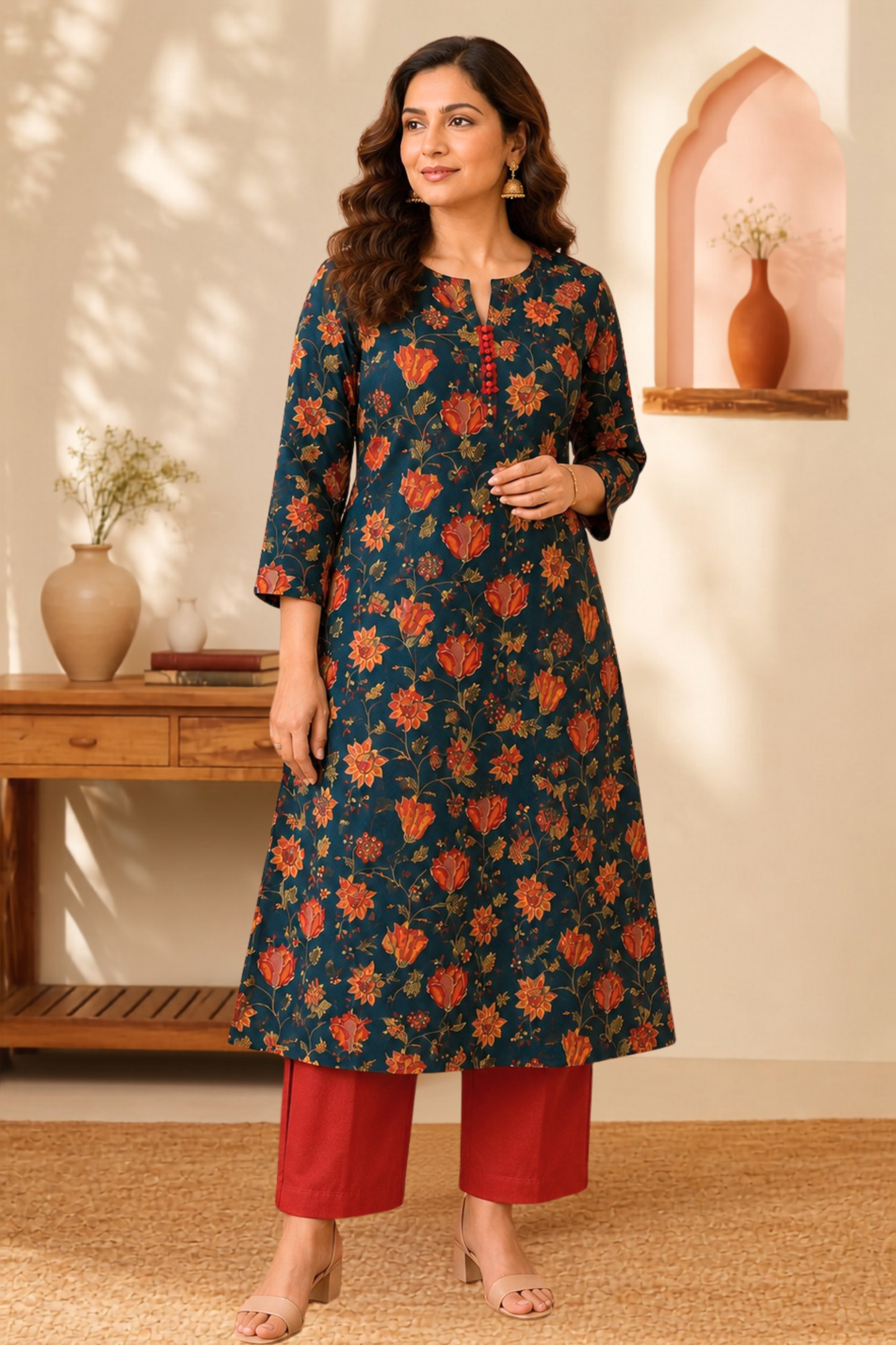 Teal Botanical A-line Cotton Kurta