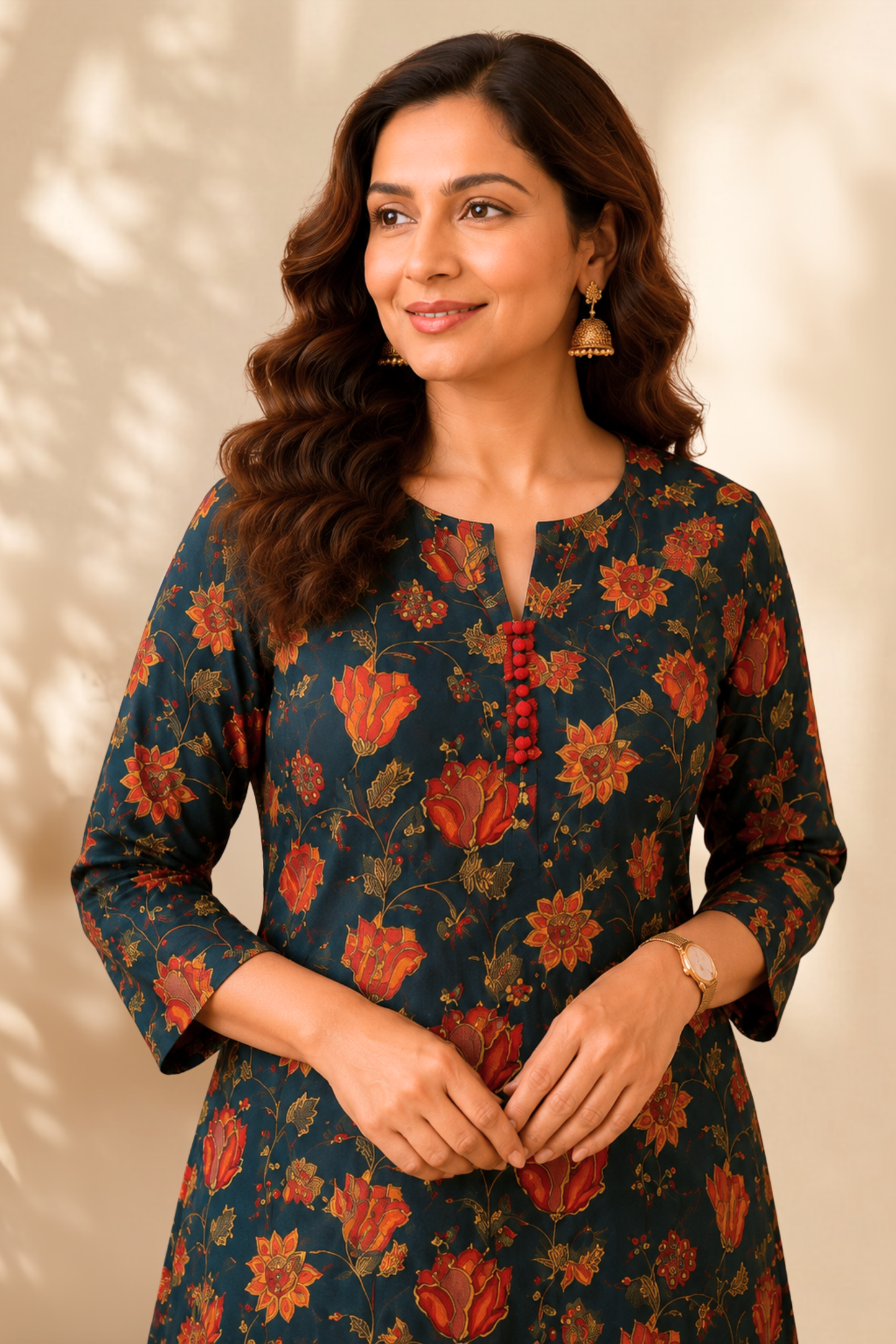 Teal Botanical A-line Cotton Kurta