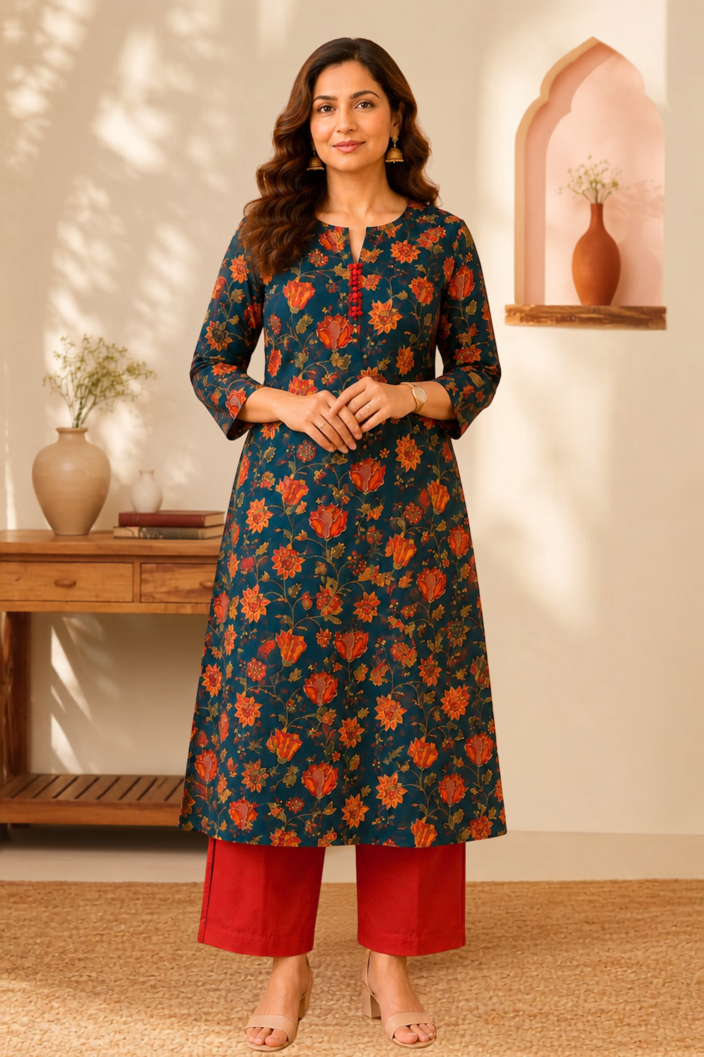Teal Botanical A-line Cotton Kurta