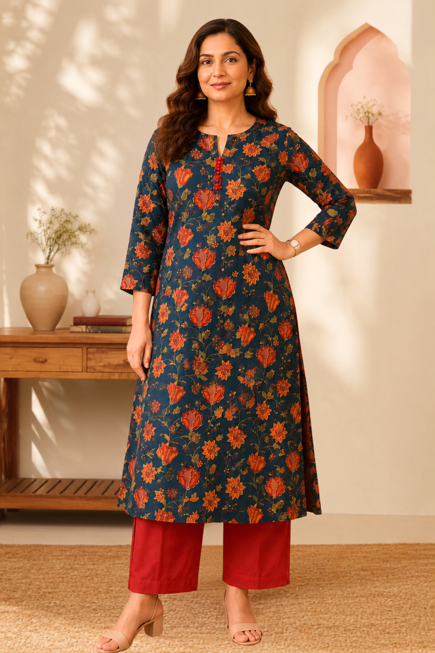 Teal Botanical A-line Cotton Kurta