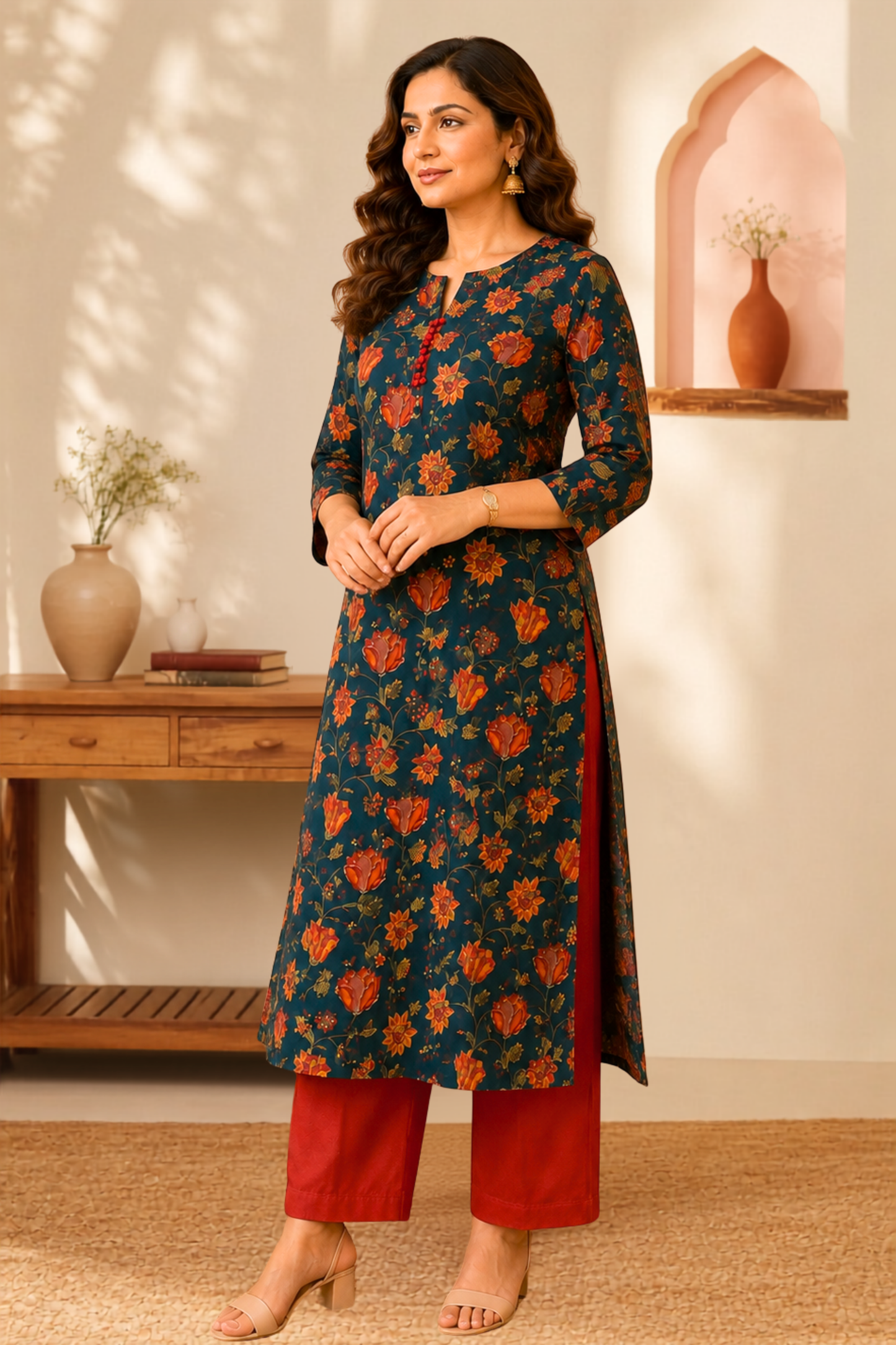 Teal Botanical A-line Cotton Kurta