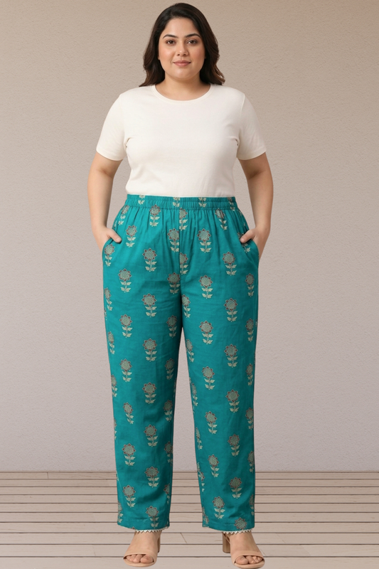 Teal Buta Printed Cotton Pants