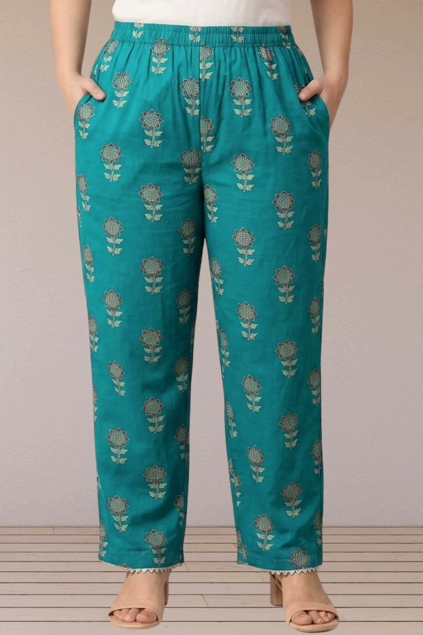 Teal Buta Printed Cotton Pants