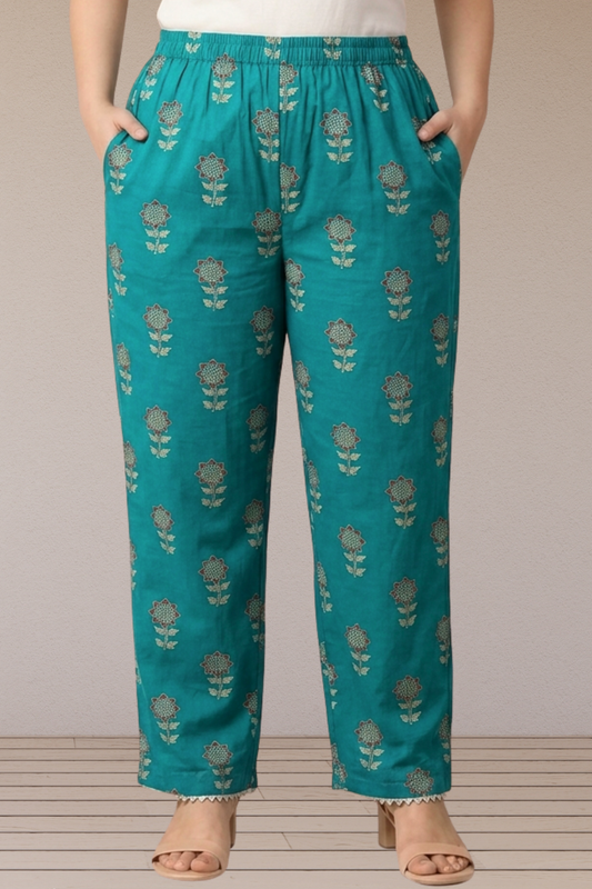 Teal Buta Printed Cotton Pants