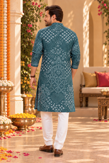 Teal Mosaic Foiled Festive Kurta