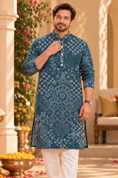 Teal Mosaic Foiled Festive Kurta