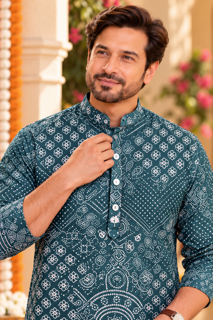 Teal Mosaic Foiled Festive Kurta