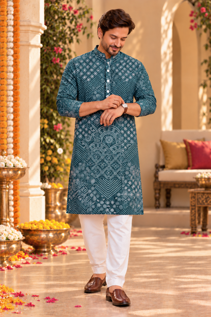 Teal Mosaic Foiled Festive Kurta