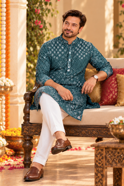Teal Mosaic Foiled Festive Kurta