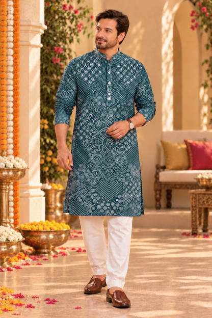 Teal Mosaic Foiled Festive Kurta