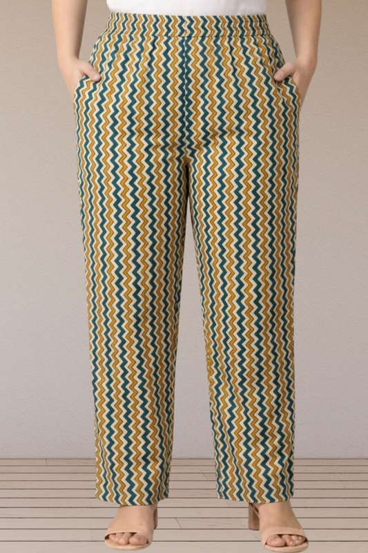 Teal Mustard Chevron Printed Cotton Pants