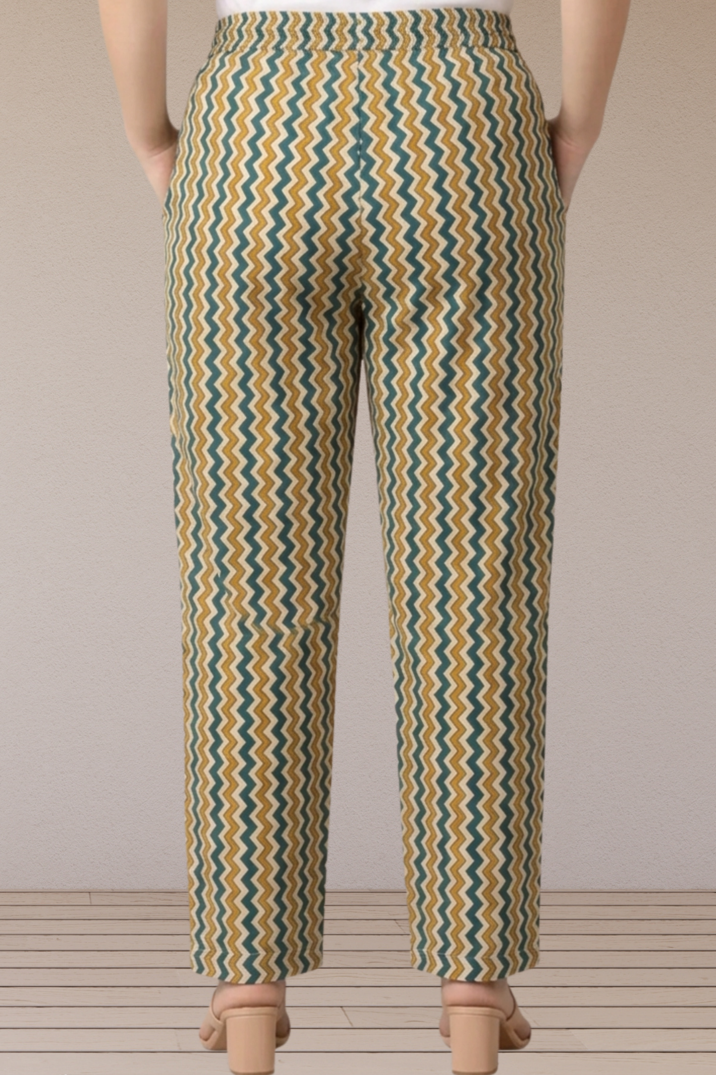 Teal Mustard Chevron Printed Cotton Pants
