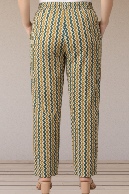 Teal Mustard Chevron Printed Cotton Pants