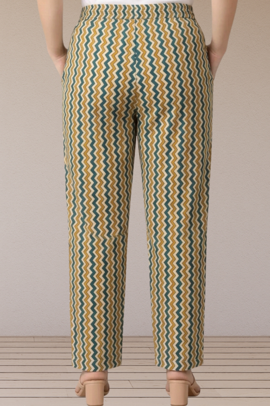 Teal Mustard Chevron Printed Cotton Pants