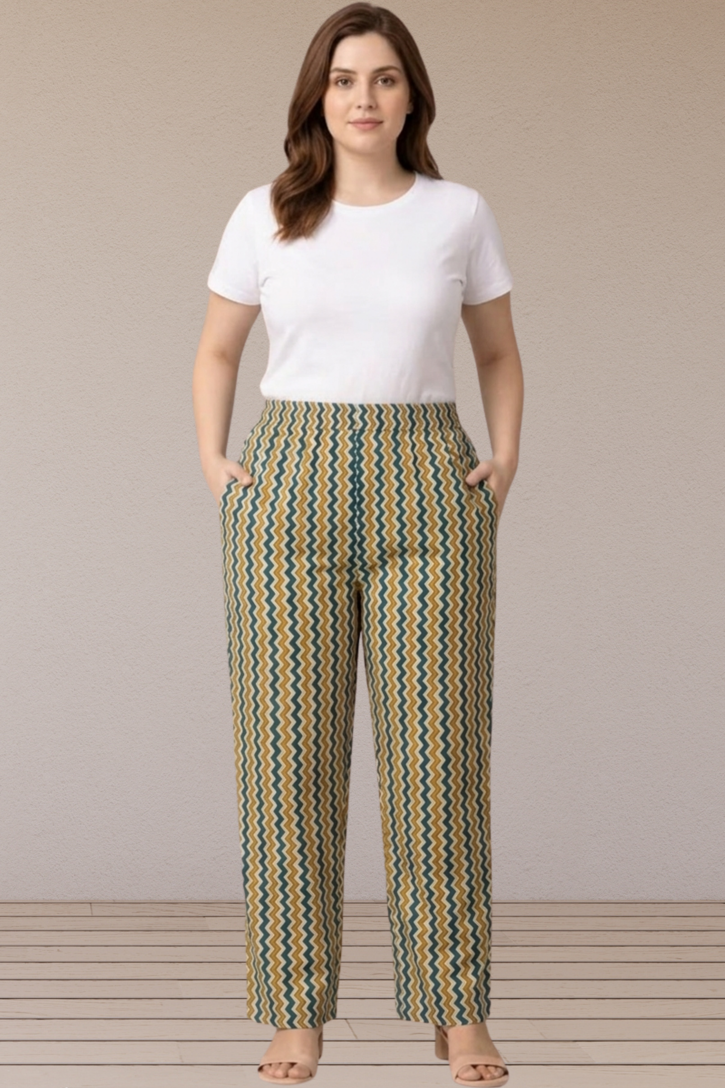 Teal Mustard Chevron Printed Cotton Pants