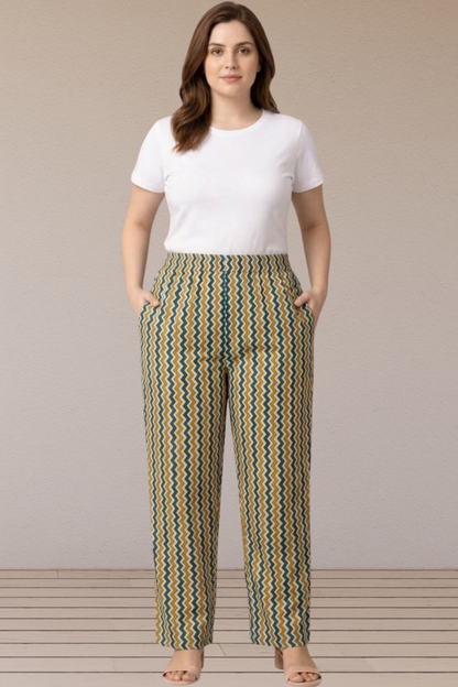 Teal Mustard Chevron Printed Cotton Pants