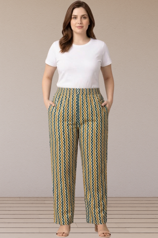 Teal Mustard Chevron Printed Cotton Pants