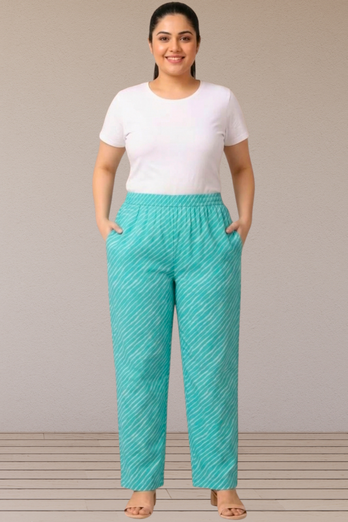 Teal Stripe Printed Cotton Pant