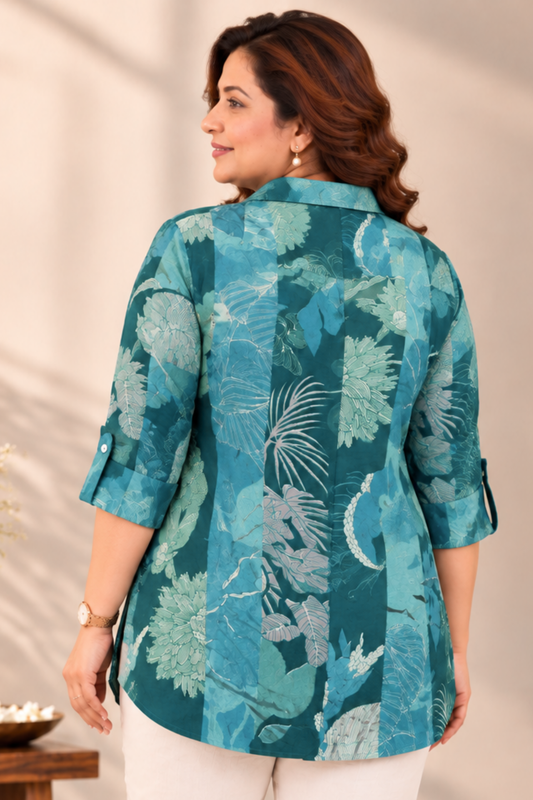 Teal Tapestry Crepe Collared Shirt