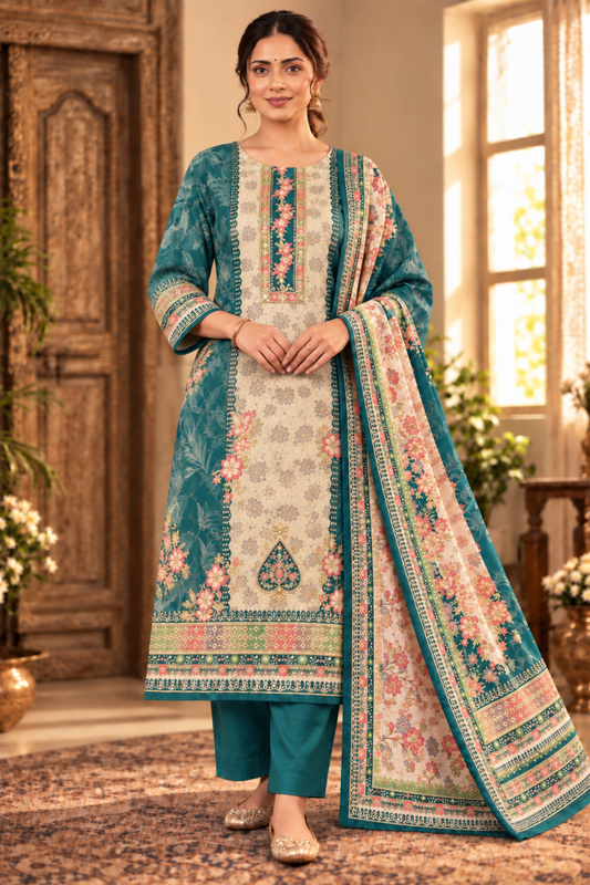 Teal Barfi Fancy Suit With Aari Work