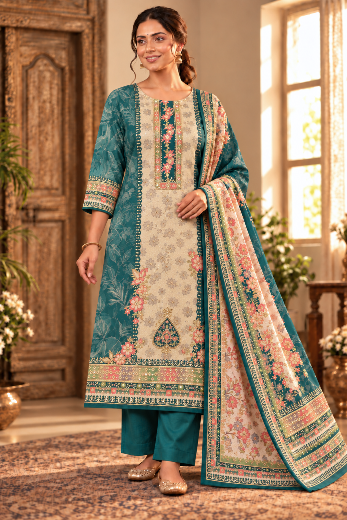 Teal Barfi Fancy Suit With Aari Work