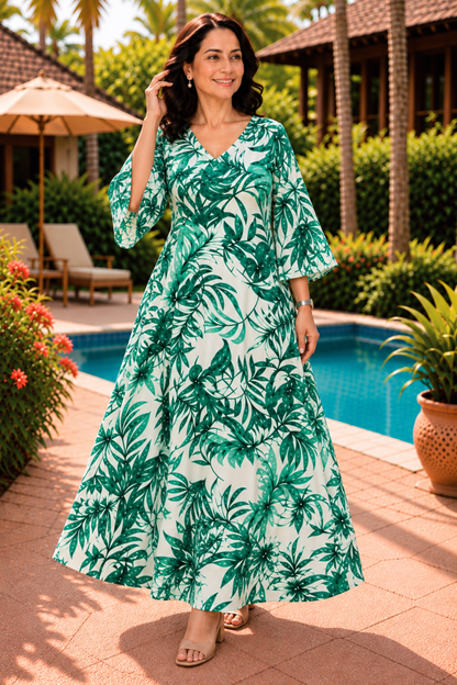 Tropical Jade Printed Dress With Pockets