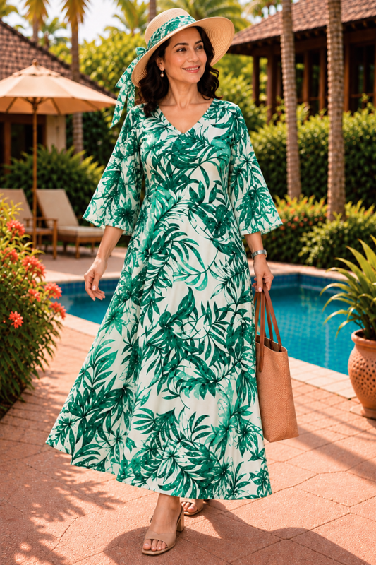 Tropical Jade Printed Dress With Pockets