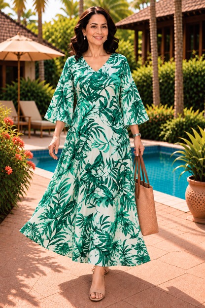 Tropical Jade Printed Dress With Pockets