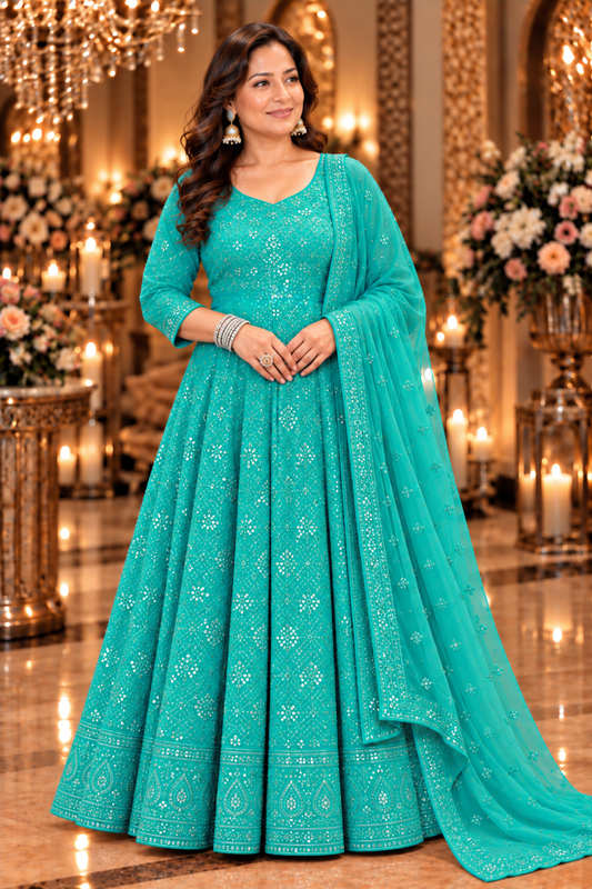 Turquoise Blue Georgette Dress with Dupatta