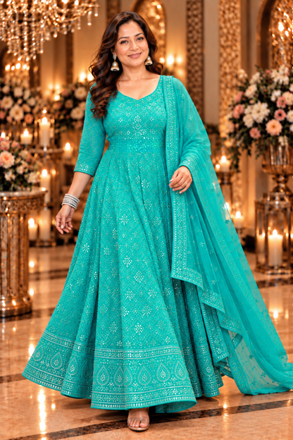 Turquoise Blue Georgette Dress with Dupatta