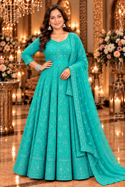 Turquoise Blue Georgette Dress with Dupatta
