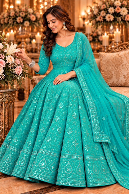 Turquoise Blue Georgette Dress with Dupatta