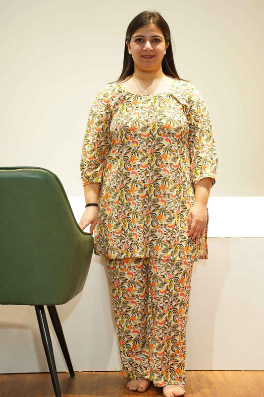 Peachy Floral Rayon Night Suit