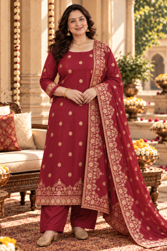 Vamika Maroon Jacquard Silk Suit