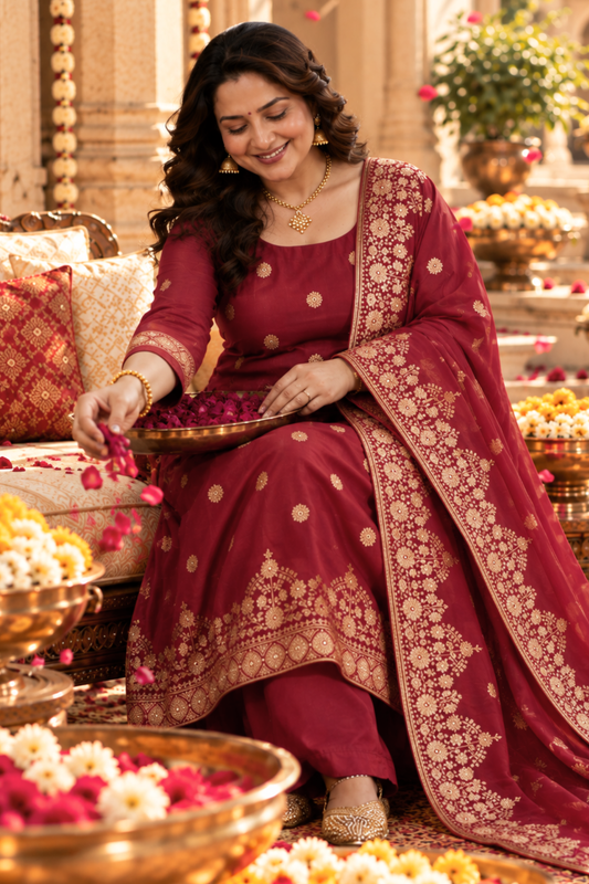 Vamika Maroon Jacquard Silk Suit