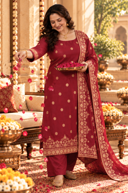 Vamika Maroon Jacquard Silk Suit