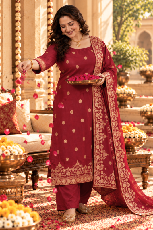 Vamika Maroon Jacquard Silk Suit