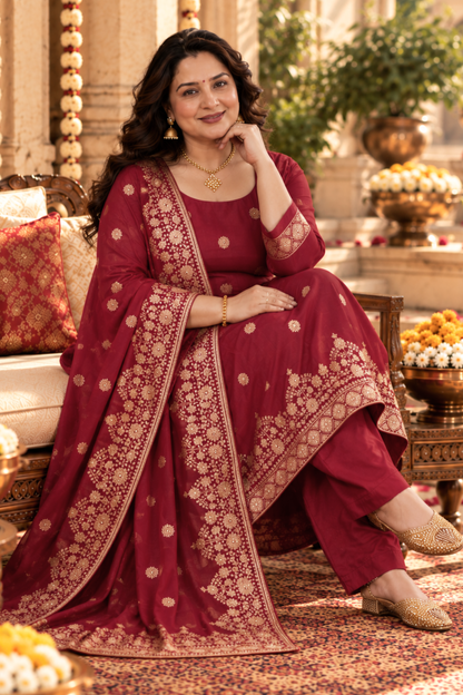 Vamika Maroon Jacquard Silk Suit