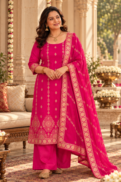 Varnika Pink Jacquard Silk Suit