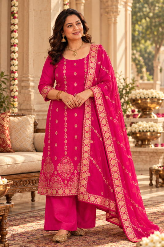 Varnika Pink Jacquard Silk Suit
