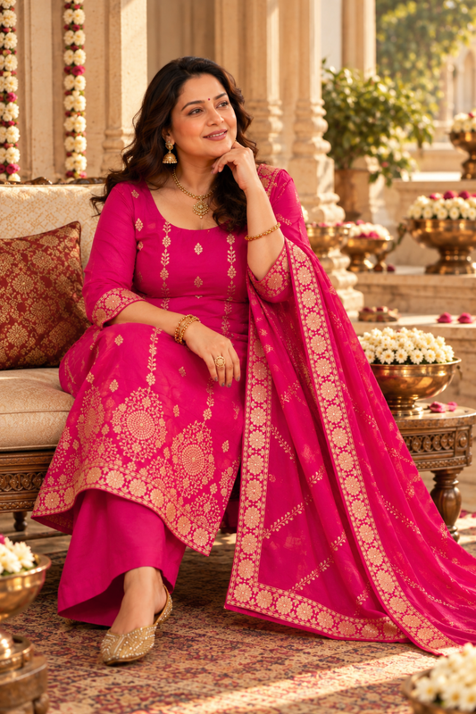 Varnika Pink Jacquard Silk Suit