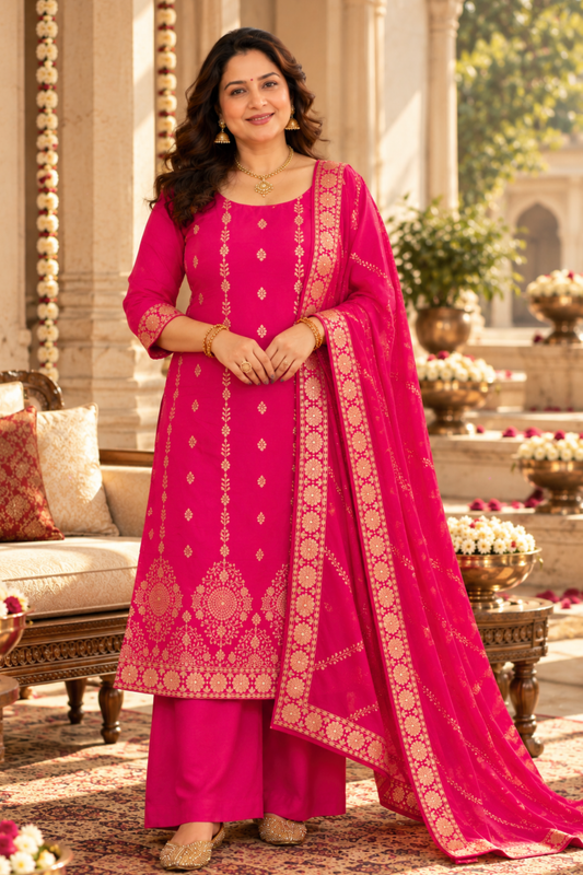 Varnika Pink Jacquard Silk Suit