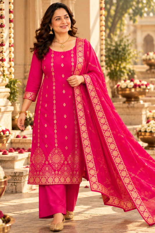 Varnika Pink Jacquard Silk Suit