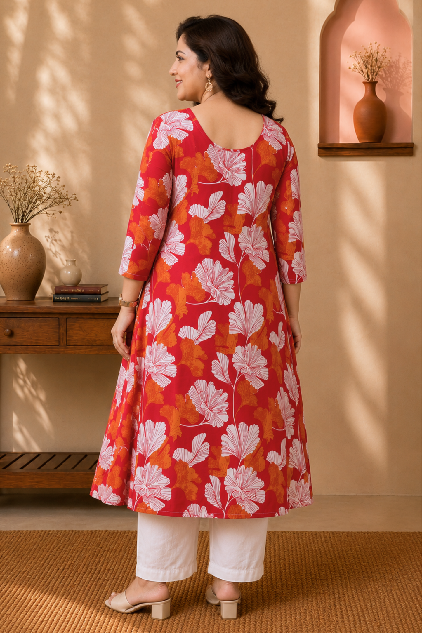Vermilion Floral A-line Cotton Kurta