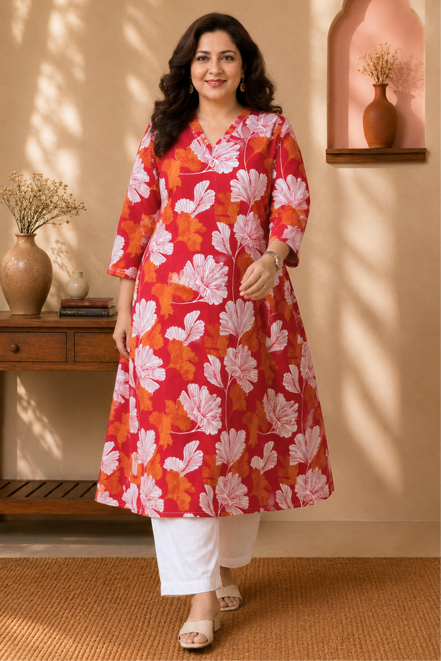 Vermilion Floral A-line Cotton Kurta