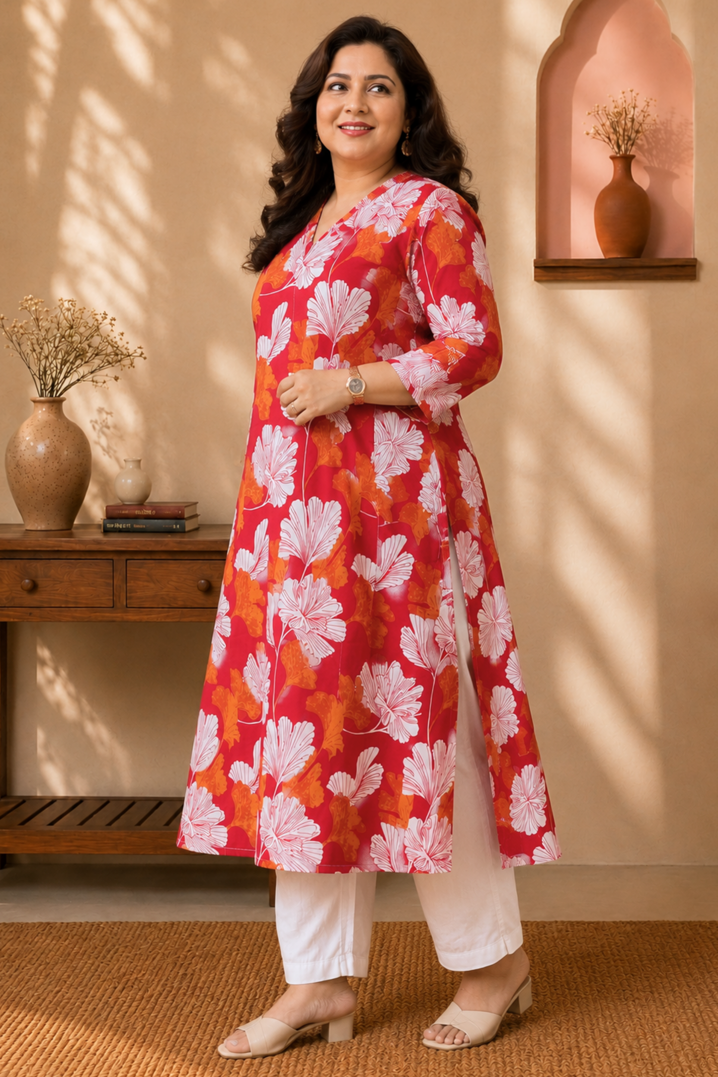 Vermilion Floral A-line Cotton Kurta