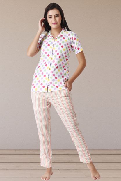 Vibrant Multi-Colored Polka Dot Night Suit