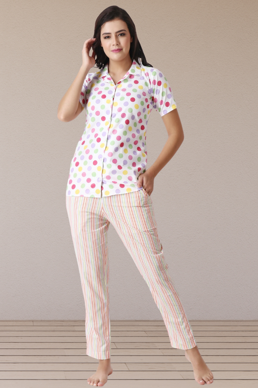 Vibrant Multi-Colored Polka Dot Night Suit