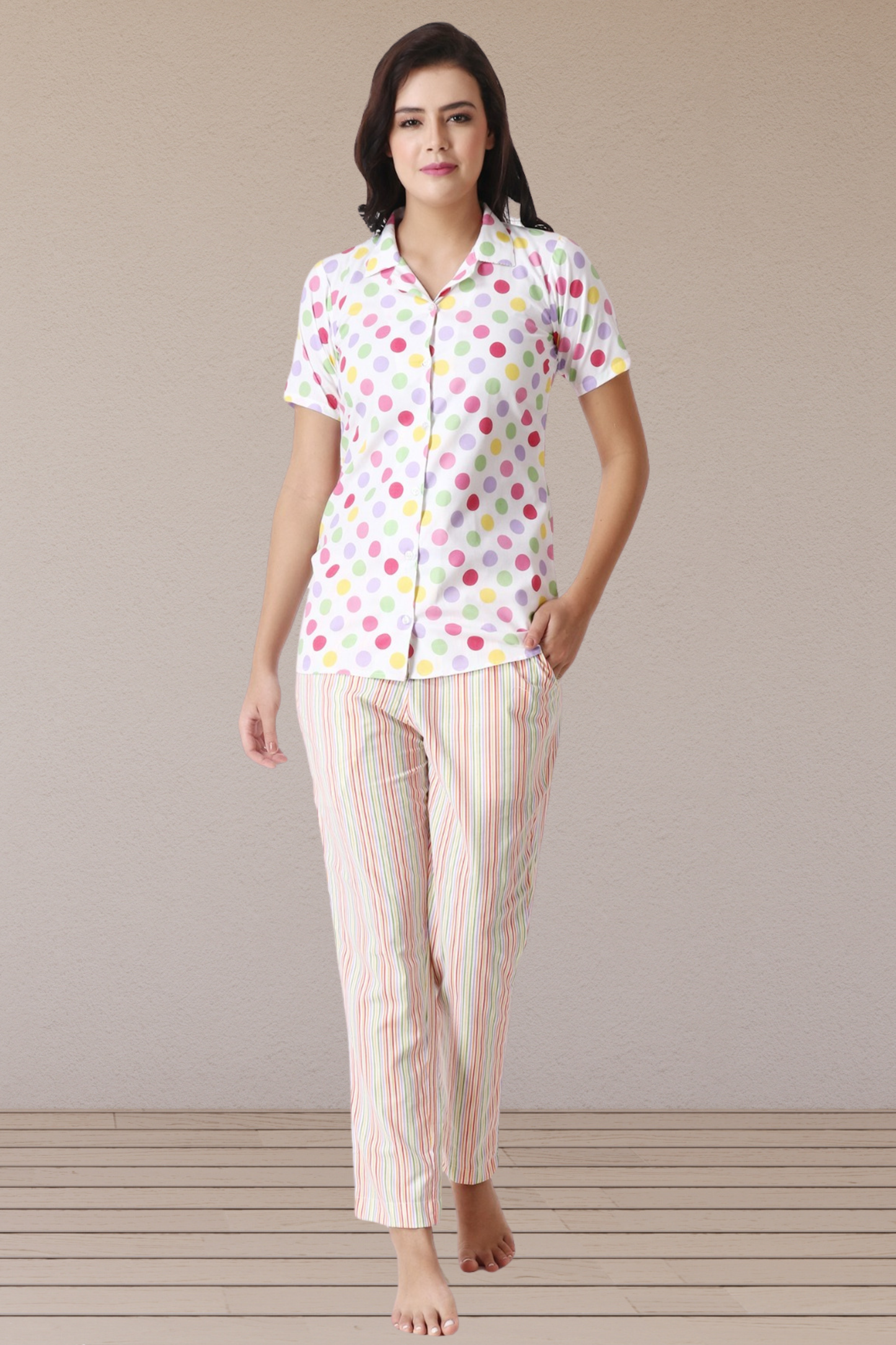 Vibrant Multi-Colored Polka Dot Night Suit